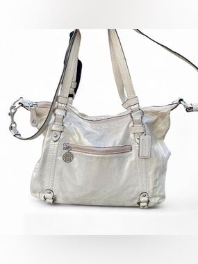 Shimmery Ivory Tote Bag with Front Zip Pocket